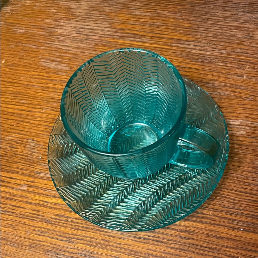 Teal Glass Cup and Saucer Set Arcoroc France